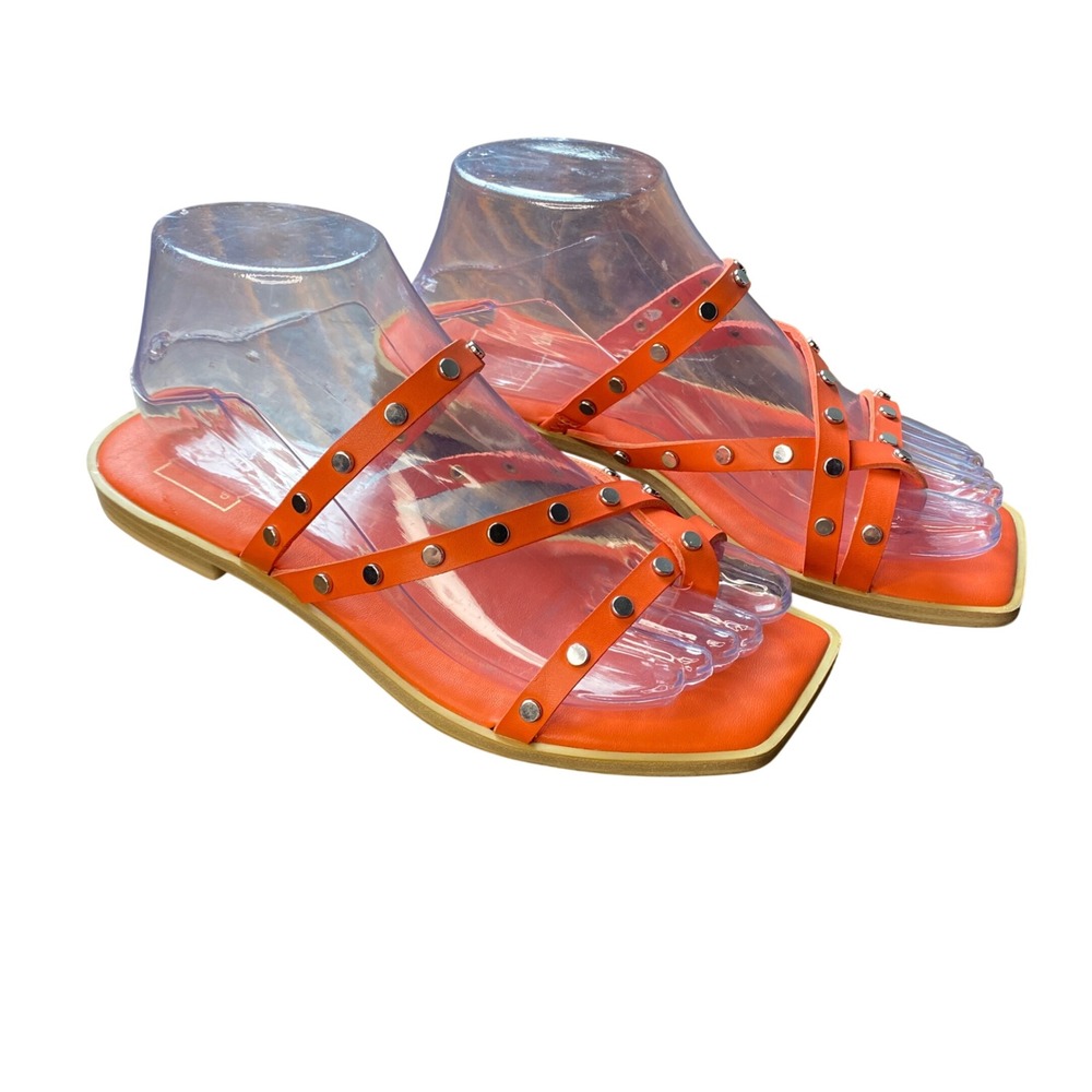 Dolce Vita Orange‎ Studded Strappy Square Toe Flat Sandals Silver Hardware 7.5